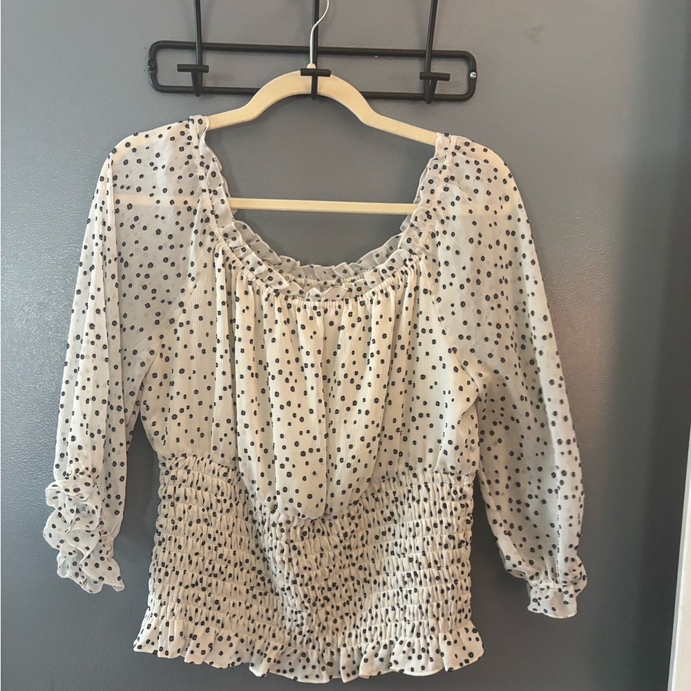 Anthropologie Cream Polka Dot Smocked Blouse